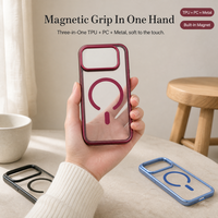 Casing HP iPhone 15 Pro Max 3 in 1 TPU PC Metal Transparan Airbag Cincin Magnetik Mengkilap Anti Benturan 8 Warna Grosir