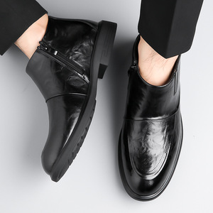 Bottes Chelsea pour hommes en cuir véritable, bout pointu, talon plat, doublure en fourrure, isolantes, chaussures d'hiver formelles pour le travail - Product Image 4