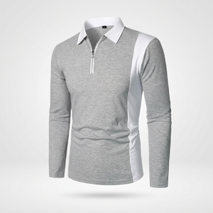 Polo à manches longues pour homme avec blocs de couleur et fermeture éclair, haut tricoté décontracté gris et blanc, design uni, tissu respirant - Product Image 4