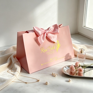 Wholesale Matte Pink Paper <b>Handbags</b> Gold Foil Printed Brand Logo <b>Big</b> Satin Bow Shopping Bags For Hair Business Cosmetic - Product Image 1