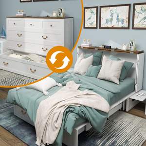 Lit escamotable Queen en bois massif avec ports de charge USB et tiroirs de rangement, finition blanche, modèle D0100H5UHA6 - Product Image 3