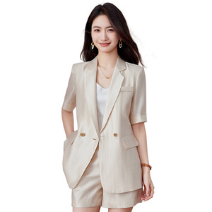 Women's Short Sleeve Blazer Suit Set Solid Color Viscose Fiber Breathable Casual Summer Style 2025 New Arrival - Product Image 5