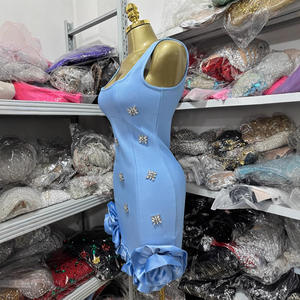 Elegante Abito Aderente Blu con Fascia, <span class=keywords><strong>Sexy</strong></span> Senza Maniche con Scollo Quadrato, Mini Abito con Decorazioni Floreali 3D, Outfit per Feste Serali - Product Image 3