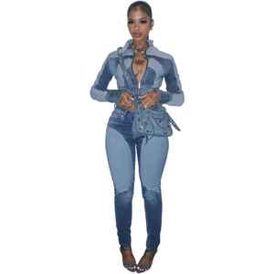 CN8196 belleza Europea alta elasticidad conjunto de dos piezas moda <span class=keywords><strong>Sexy</strong></span> sólido corto empalme Color lavado Denim Casual traje - Product Image 2