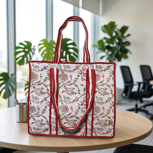 Floral Quilted Hand-painted Cotton Tote <b>Bag</b> Zipper Closure <b>Large</b> Capacity Shoulder Contrast Trim Daily Use <b>Beach</b> RR Textiles All - Product Image 1