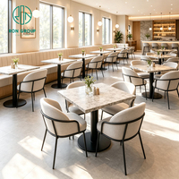 Solution personnalisée Ron Group tout-en-un : Ensemble de mobilier de restaurant avec table carrée en marbre et chaises en tissu, sièges rembourrés pour banquette