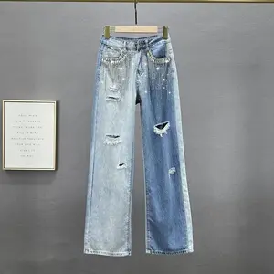 Primavera Novo Design Socialite Denim Senhoras Calças Perna Larga Diamante Contraste Cor Calças Jeans Para As Mulheres