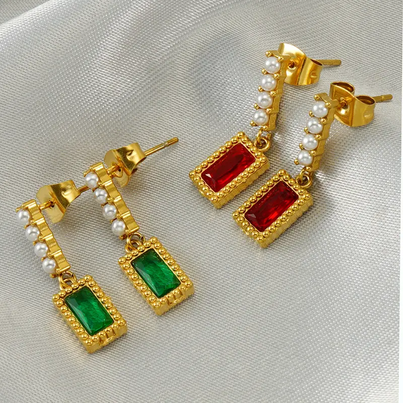 Boucles d'oreilles pendantes en acier inoxydable avec perles plaquées or vintage Boucles d'oreilles émeraude verte pour femmes