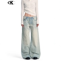 Jean en denim bleu glace vintage style américain 11KN, coupe ample, taille mi-haute, effet moustaches de chat, unisexe, délavé et vieilli