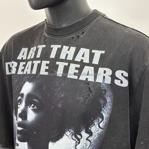 T-shirt court noir délavé à l'acide de haute qualité pour homme, avec épaules tombantes et motif graphique en coton vieilli – Fabricant TOPSHOW - Product Image 3