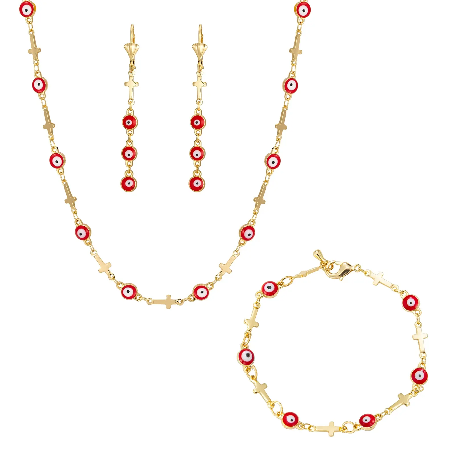 Elfic fashion eye evil cross collana bracciale a catena in oro orecchini set di gioielli tricolore 14k placcato oro laminado joyeria