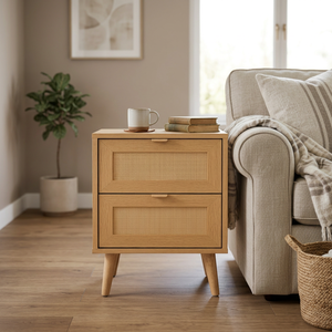 2-<b>Drawer</b> Wooden Rattan Nightstand Bedside Table Compact Storage Cabinet for <b>Small</b> Space Apartment Bedroom and Living Room - Product Image 1