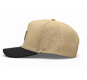 หมวกกอล์ฟกีฬาโพลีเอสเตอร์กันน้ำแบบกำหนดเอง 5 แผง พร้อมโลโก้ปะหนัง ดีไซน์เจาะรูด้วยเลเซอร์ หมวกเบสบอลแบบมีรูระบายอากาศพร้อมเชือก - Product Image 2