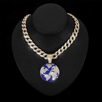 Chaîne cubaine de 15 mm en alliage et strass, style hip-hop, avec pendentif bleu terre, vente en gros d'usine 2024
