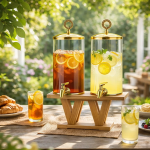 Set Dispenser Bevande Doppio in <span class=keywords><strong>Vetro</strong></span> <span class=keywords><strong>con</strong></span> Coperchi e Rubinetti Dorati, Supporto in Legno - Dispenser per Succhi e Bevande per Feste e Buffet (Vendita all'Ingrosso) - Product Image 4