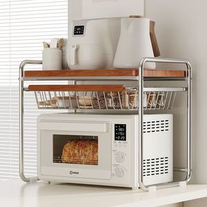 Kitchen Storage Rack With Pull Out Basket Metal Multi Function Vintage Style Countertop Organizer For Microwave Rice Cooker - Product Image 1