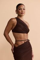 Set atasan Y4964 model off-shoulder, drapir, memperlihatkan pinggang, dengan belahan samping dan rok maxi model ekor ikan, setelan pantai slim-fit dua potong.