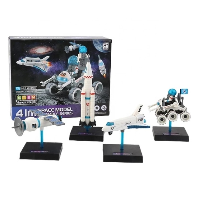 4 in 1 DIY Assembly Space Building Blocks Model Toy Kids STEM Space Shuttle Rocket Car Satellite Bricks Building Kits with Light