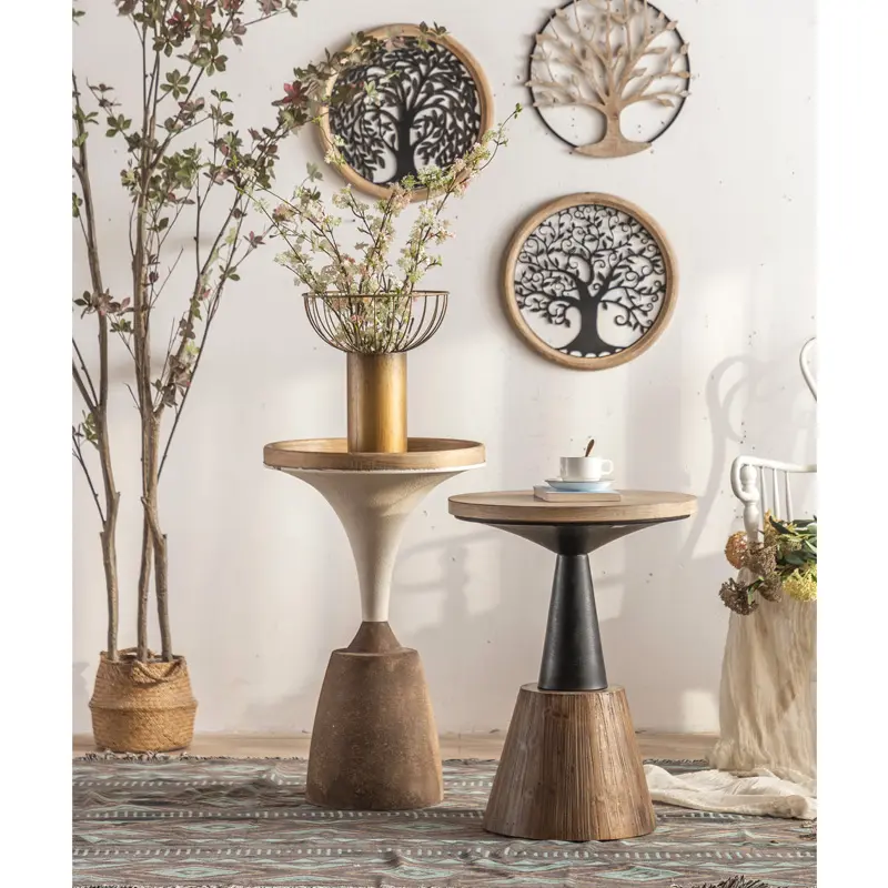 2022 vente en gros, nordique moderne rond rétro Nature Table d'appoint en bois salon Base en métal Table basse de luxe