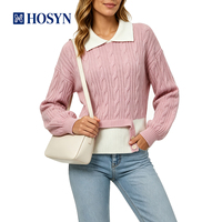 Pull polo en maille torsadée rose pour femme, col blanc contrastant avec ourlet superposé et boutons latéraux, manches bouffantes mignonnes, OEM/ODM