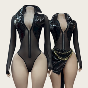 Viviblook Z1202ST03 New Women's Set Sexy Perspective Mesh Leather Splicing Bodysuit Split <b>Mini</b> Skirt Two Piece Set - Product Image 1