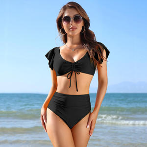 2025 mode personnalisé concepteur solide col en v Bikini pour femmes <span class=keywords><strong>maillot</strong></span> <span class=keywords><strong>de</strong></span> <span class=keywords><strong>bain</strong></span> deux <span class=keywords><strong>pièces</strong></span> avec manches volantes et soutien-gorge Bandeau - Product Image 4