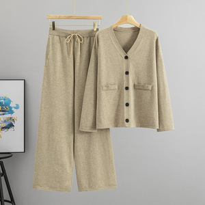 Conjunto de Suéter Tejido para Mujer, Cuello en V, Corte Holgado, Pantalones Casuales de Otoño - Product Image 1