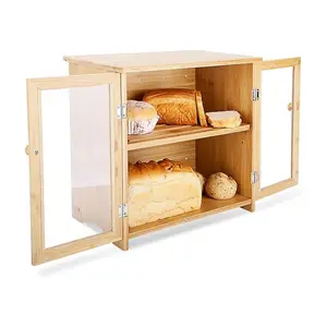 Caixa de pão de bambu para cozinha Caixas de pão com janela transparente para cozinha, caixa grande de armazenamento de pão com tábua de corte