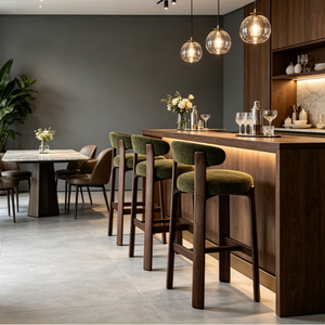 <span class=keywords><strong>Tabouret</strong></span> <span class=keywords><strong>de</strong></span> <span class=keywords><strong>bar</strong></span> vintage français en bois massif, style Mid-Century Modern, dossier incurvé et rembourré, écologique, durable, <span class=keywords><strong>vert</strong></span> <span class=keywords><strong>olive</strong></span>, pour <span class=keywords><strong>bar</strong></span> à domicile ou hôtel - Product Image 1