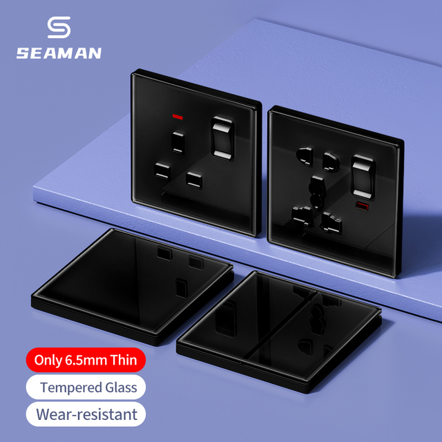 UK Standard Factory Switch Socket Stainless Steel Black Panel Series Computer USB Type C Wall Power Socket Tempered Glass Panel