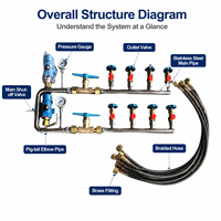 Industrial Gas Manifold SS304 Dual Line | Cylinder Distribution System with Brass Valves Pressure Gauges