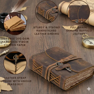 Vintage Leather Grimoire Journal with Skeleton Key Lock Handmade Deckle Edge <b>Book</b> of Shadows, Antique Spell Writing Notebook - Product Image 6