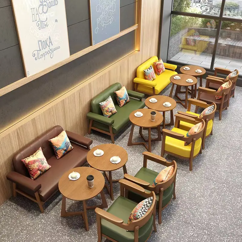 Café ocio madera moderno restaurante muebles restaurante conjunto sólido Pu cuero tapizado comedor silla redonda mesa de comedor