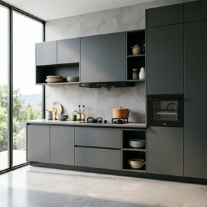 Ensemble d'armoires de cuisine compactes à une ligne, blanc crème, style minimaliste, avec tiroirs et <span class=keywords><strong>four</strong></span> noir intégré - Product Image 2