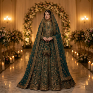 Lehenga Choli de mariée en soie verte, manches longues, longueur ras du sol, traîne détachable, style vintage, silhouette trapèze, broderie Resham - Product Image 3