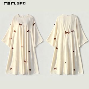 Vestido Maxi de Gasa Blanca Pura para Mujer con Lazo Marrón, Manga Murciélago, Cuello Redondo, Elegante, Casual, para Exteriores, Estilo Musulmán Modesto - Product Image 5