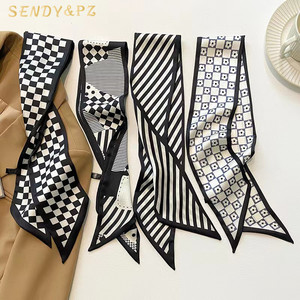 Nuovo Design <span class=keywords><strong>nero</strong></span> bianco a scacchiera lungo nastro sciarpa <span class=keywords><strong>elegante</strong></span> per donne fasce per capelli sciarpe all'ingrosso - Product Image 1