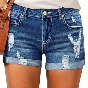 2026 Denim Shorts Women's High Waist Ripped Denim Shorts With <b>Folded</b> Hem - Product Image 1