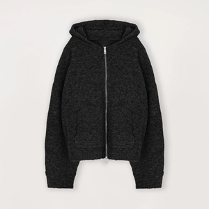 Wholesale High Quality Soft Boucle Texture Zip Up Hooded Knit Sweater Streetwear Relaxed Casual Street Fit Hood <b>Cardigan</b> - Product Image 2