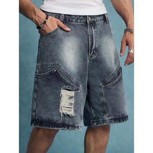 زي الشارع عارضة القطن المتعثرة جيب الرجال Jorts غسلها فضفاض الرجال الجينز Jorts شورت الجينز شعار مخصص Jorts الرجال فضفاض - Product Image 1