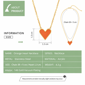 Collier avec pendentif en forme de cœur plaqué or avec incrustation de résine orange, style minimaliste, chaîne en boîte, unisexe, à porter tous les jours - Product Image 3