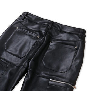 TOPSHOW Pantalon en <span class=keywords><strong>cuir</strong></span> noir à poches évasées et fermeture éclair personnalisé pour hommes - Product Image 3