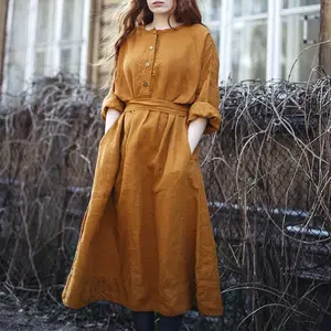Customize Autumn Winter Casual Solid Long Sleeve Wrap Tie Crew Neck Pockets 100% Pure Linen Vintage Dress Maxi Clothes For Women