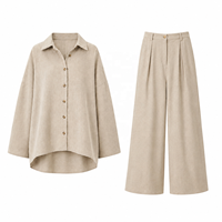 Chemises et pantalons en lin naturel pour femmes, sur mesure, à manches longues, couleur unie, mélange de lin, ensemble en lin pour femmes