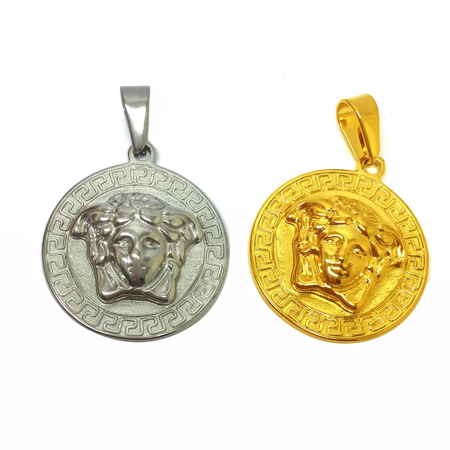 Hiphops Ancient Greek Silver Gold Medusa Pendant Round Disc Stainless Steel Jewelry Women Men Medusa Necklace Pendant