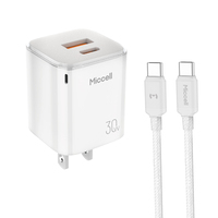 Chargeur rapide USB C Miccell 30W GaN Type C avec câble tressé C vers C, vente en gros OEM, adaptateurs de charge super rapide