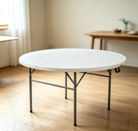Table pliante ronde à moitié pliée, structure métallique robuste, table de repas portable pour l'intérieur et l'extérieur, pour mariage, pique-nique