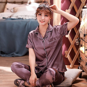 Conjuntos de pijama de pareja en ropa de dormir de rayas de satén de seda de hielo de para hombres y mujeres, pijamas de casa a juego con cintura elástica para amantes - Product Image 6