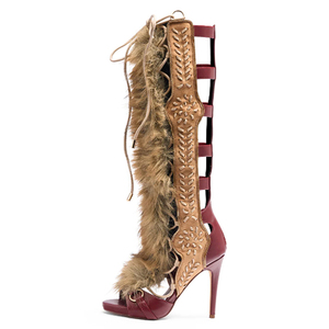 Bottes d'été à talons hauts et bout ouvert, à lacets, personnalisées, en fourrure moelleuse, longues, pour femmes, montantes jusqu'au genou, patchwork, avec fermeture éclair arrière - Product Image 4