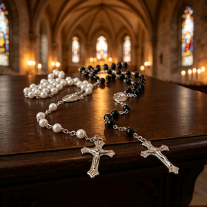 Elegante rosario católico de cuentas de acrílico de colores con San Benito, cruz de Santiago y corazón de Jesús. - Product Image 1
